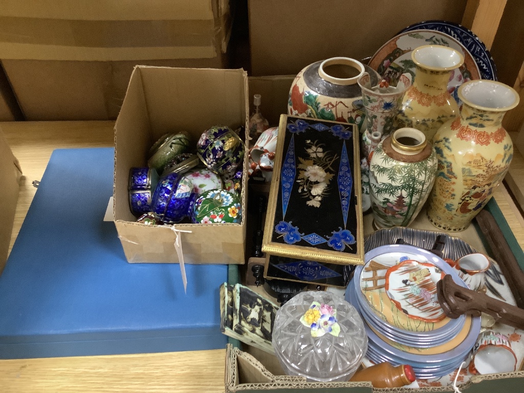 A quantity of Chinese enamelled ornaments, a Satsuma vase, a pair of slip cast ship plaques, a cased set of plated flatware etc